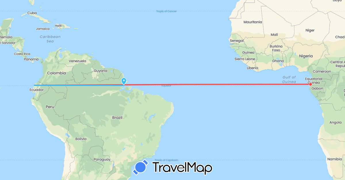 TravelMap itinerary: driving, hiking, boat in Brazil, Ecuador, Gabon (Africa, South America)
